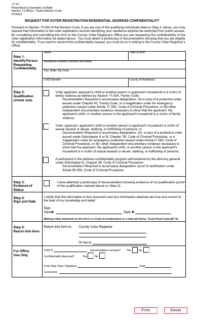 Page 17-10 Request for Voter Registration Residential Address Confidentiality - Texas (English/Spanish)