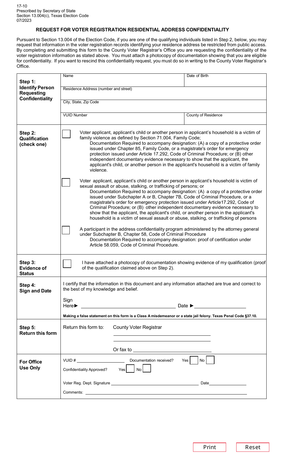 Page 17-10 Request for Voter Registration Residential Address Confidentiality - Texas (English / Spanish), Page 1