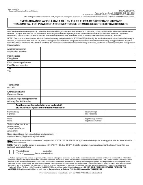 Form PTO/AIA/82SE Transmittal for Power of Attorney to One or More Registered Practitioners/Power of Attorney by Applicant