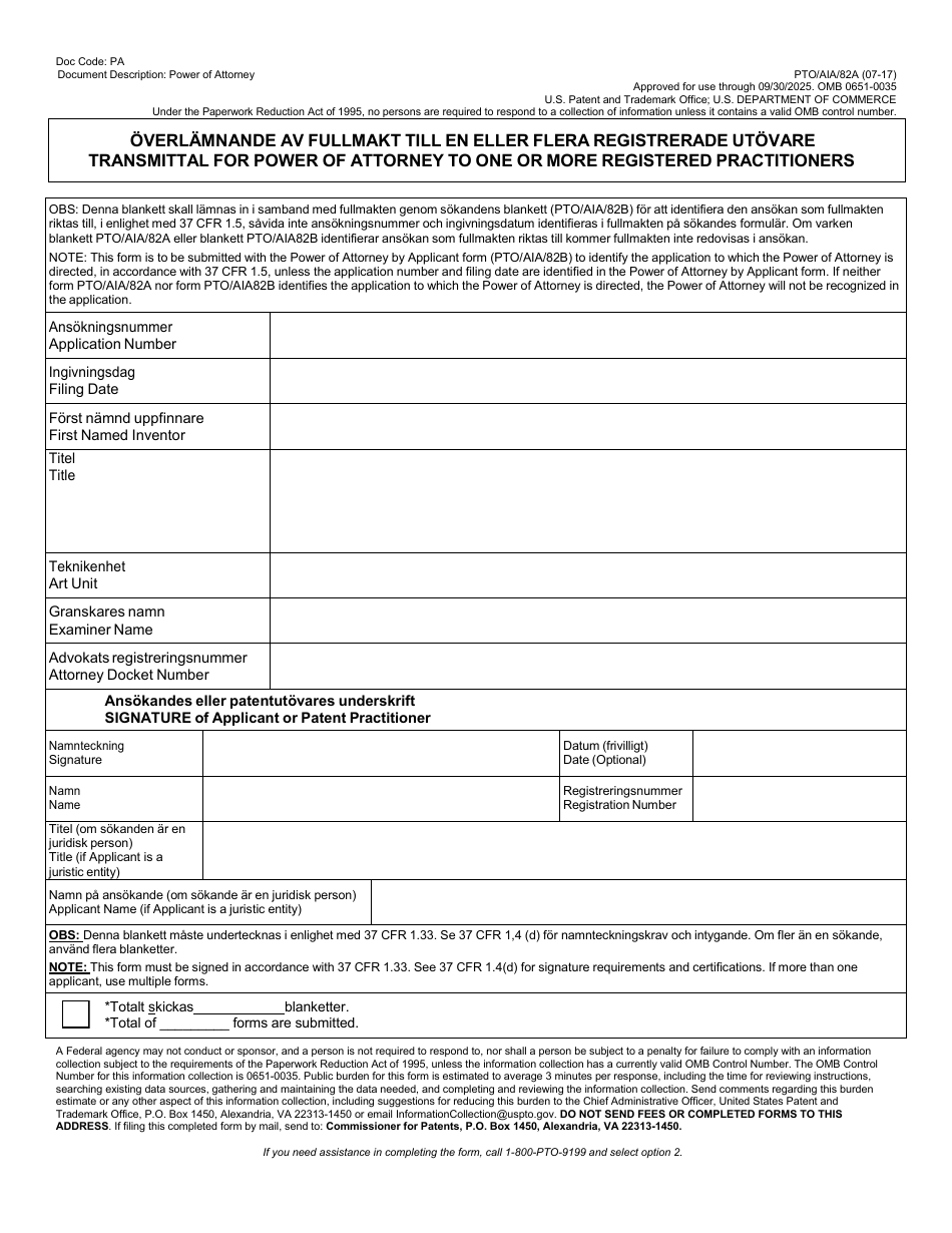 Form PTO / AIA / 82SE Transmittal for Power of Attorney to One or More Registered Practitioners / Power of Attorney by Applicant, Page 1