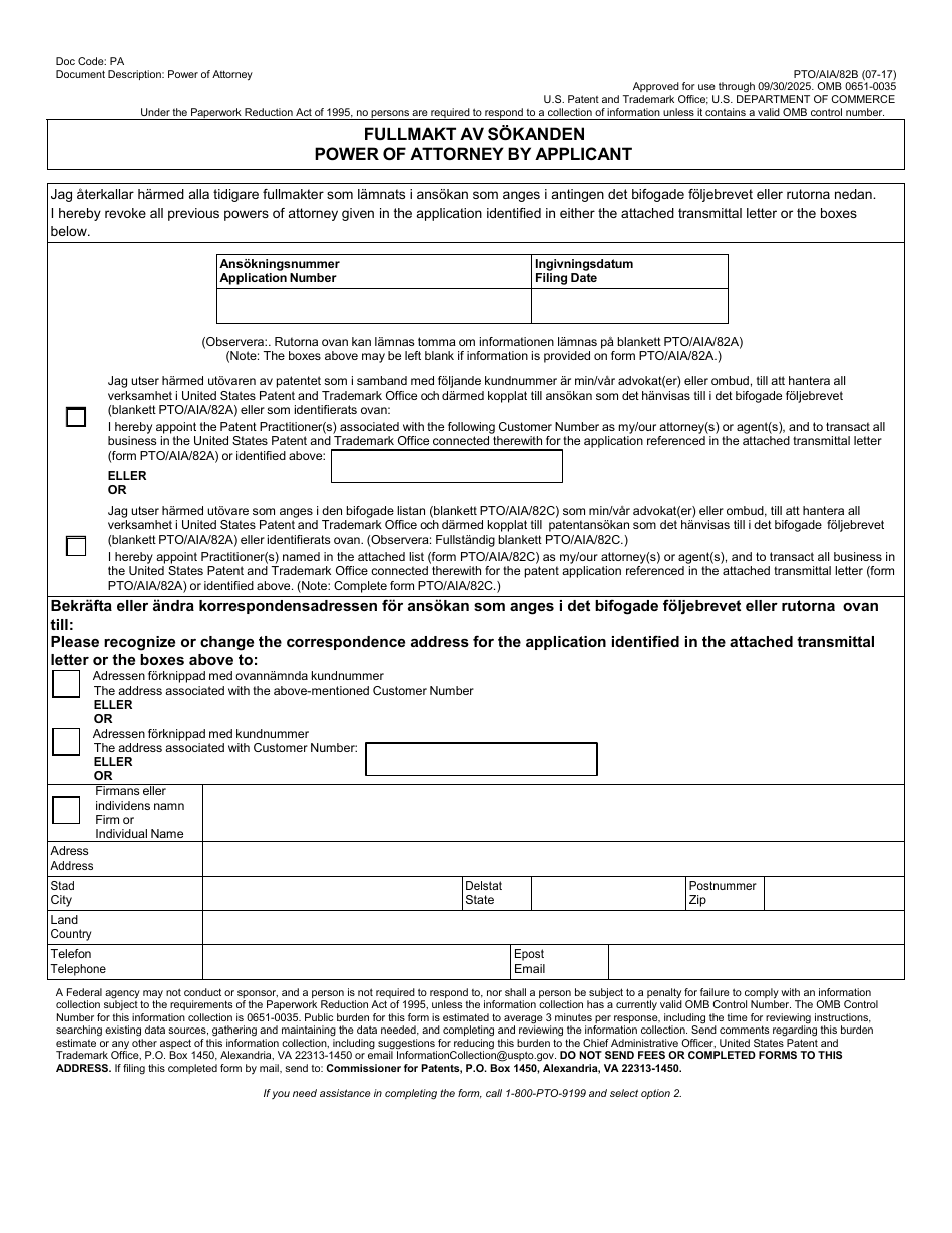 Form PTO / AIA / 82SE Transmittal for Power of Attorney to One or More Registered Practitioners / Power of Attorney by Applicant, Page 2