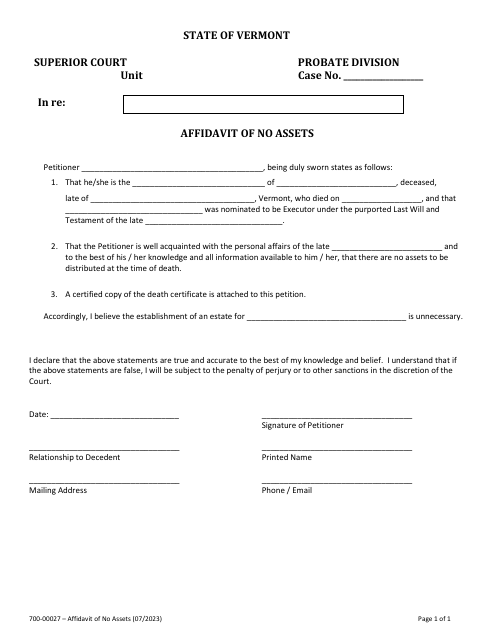 Form 700-00027 Affidavit of No Assets - Vermont