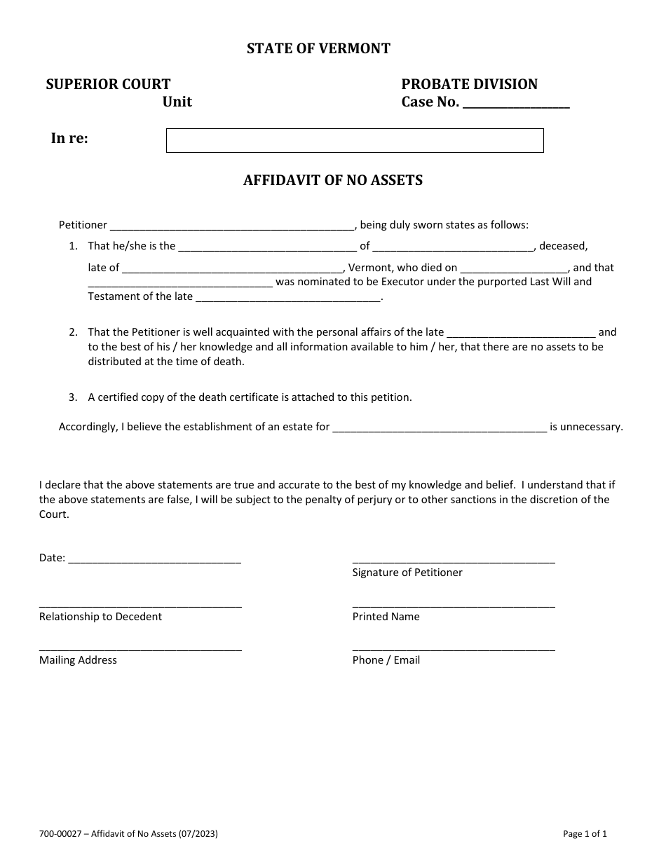 Form 700-00027 Affidavit of No Assets - Vermont, Page 1