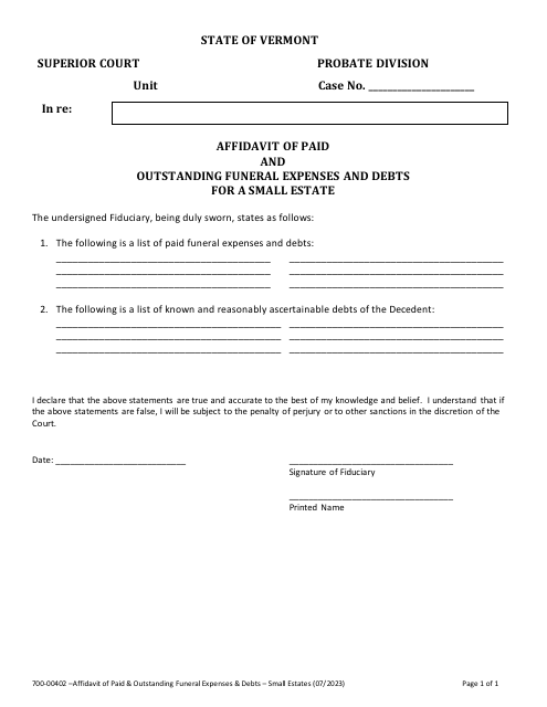 Form 700-00402 Affidavit of Paid & Outstanding Funeral Expenses and Debts for Small Estate - Vermont