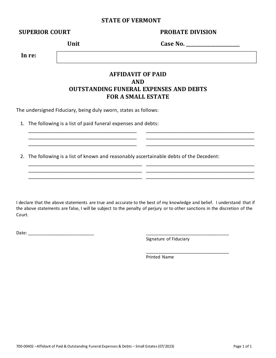 Form 700-00402 Affidavit of Paid  Outstanding Funeral Expenses and Debts for Small Estate - Vermont, Page 1