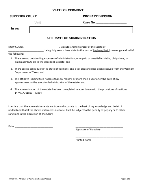 Form 700-00401 Affidavit of Administration - Vermont