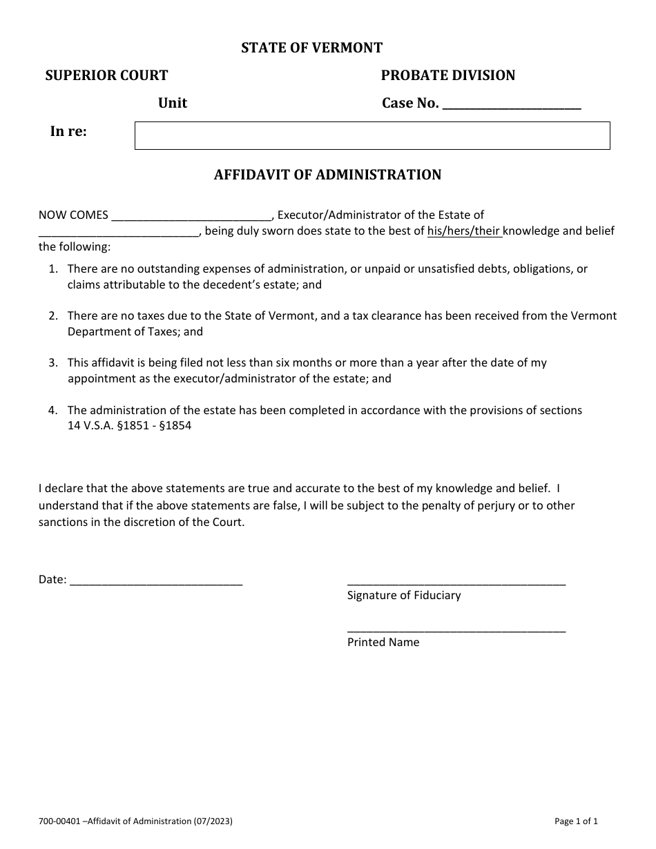 Form 700-00401 Affidavit of Administration - Vermont, Page 1
