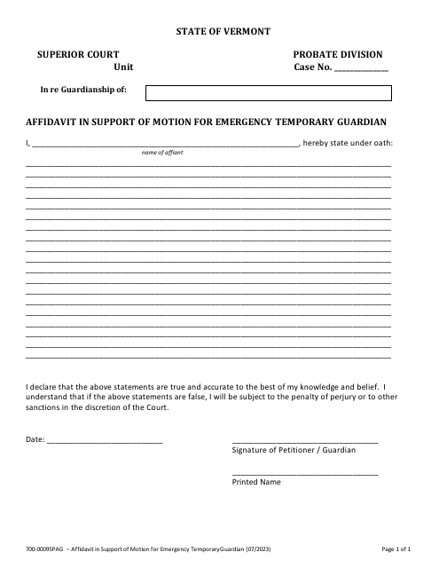 Form 700-00095PAG Affidavit in Support of Motion for Emergency Guardianship - Vermont