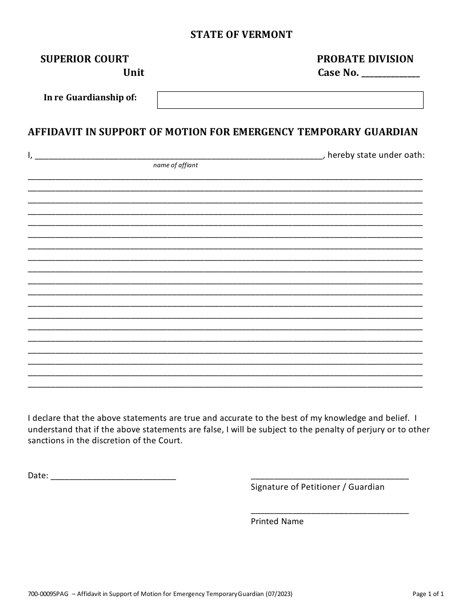 Form 700-00095PAG Affidavit in Support of Motion for Emergency Guardianship - Vermont, Page 1