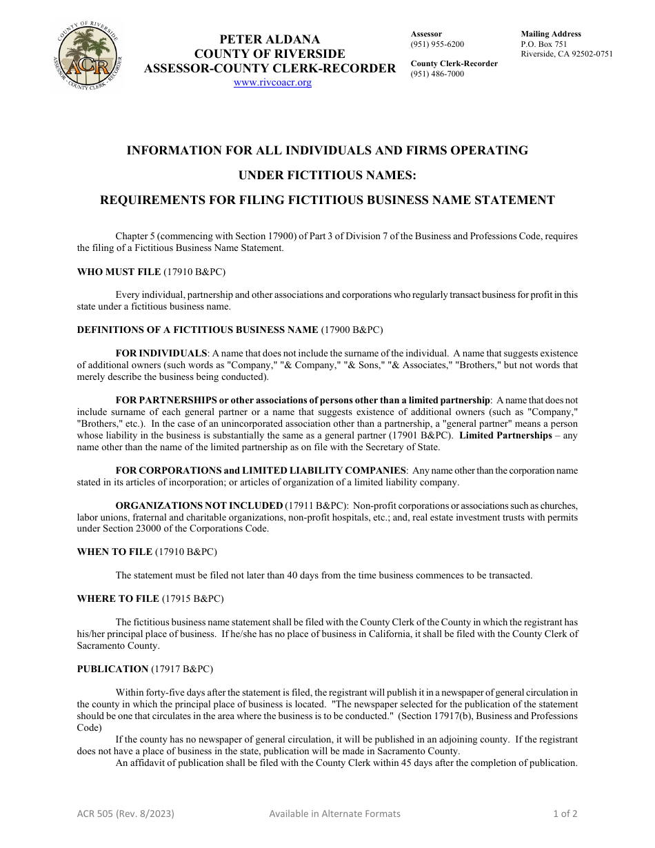 Form ACR500 Fictitious Business Name Statement - County of Riverside, California, Page 3