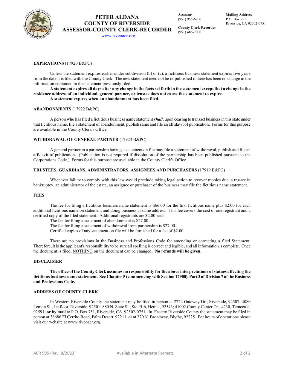 Form ACR500 Fictitious Business Name Statement - County of Riverside, California, Page 4