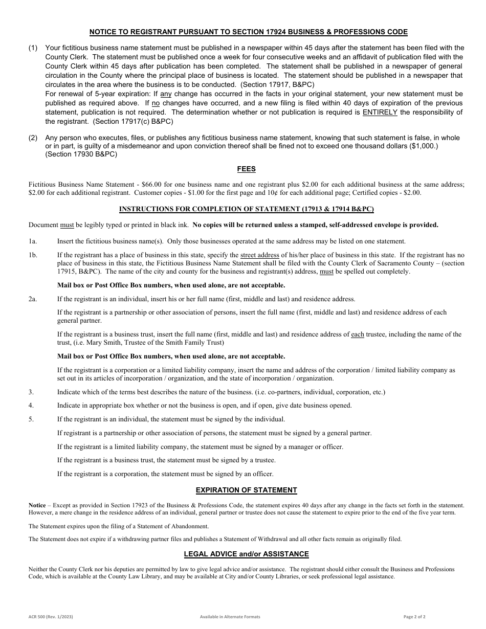 Form ACR500 Fictitious Business Name Statement - County of Riverside, California, Page 6