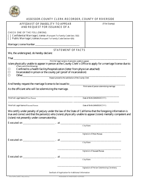 Form ACR845 Affidavit of Inability to Appear and Request for Issuance - County of Riverside, California