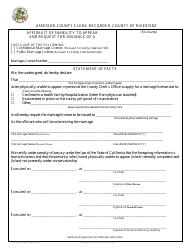Form ACR845 Affidavit of Inability to Appear and Request for Issuance - County of Riverside, California
