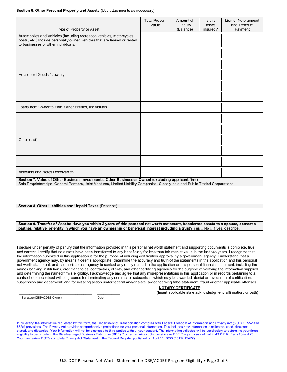 Personal Net Worth Statement for Dbe / Acdbe Program Eligibility, Page 3