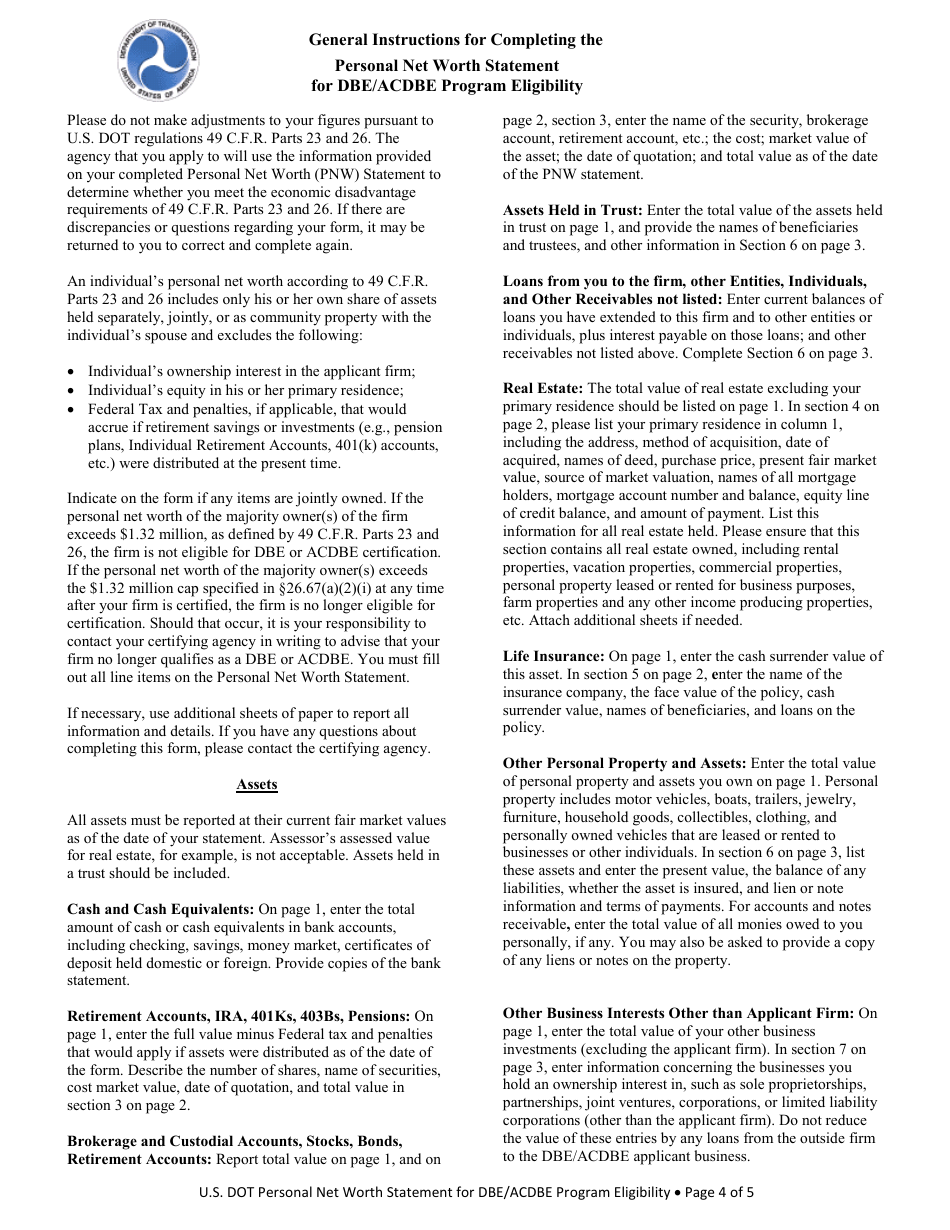 Personal Net Worth Statement for Dbe / Acdbe Program Eligibility, Page 4