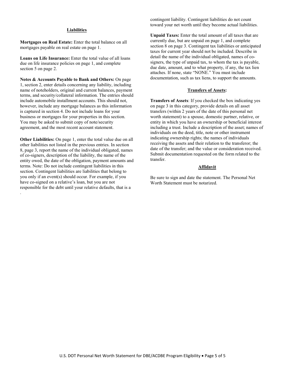 Personal Net Worth Statement for Dbe / Acdbe Program Eligibility, Page 5