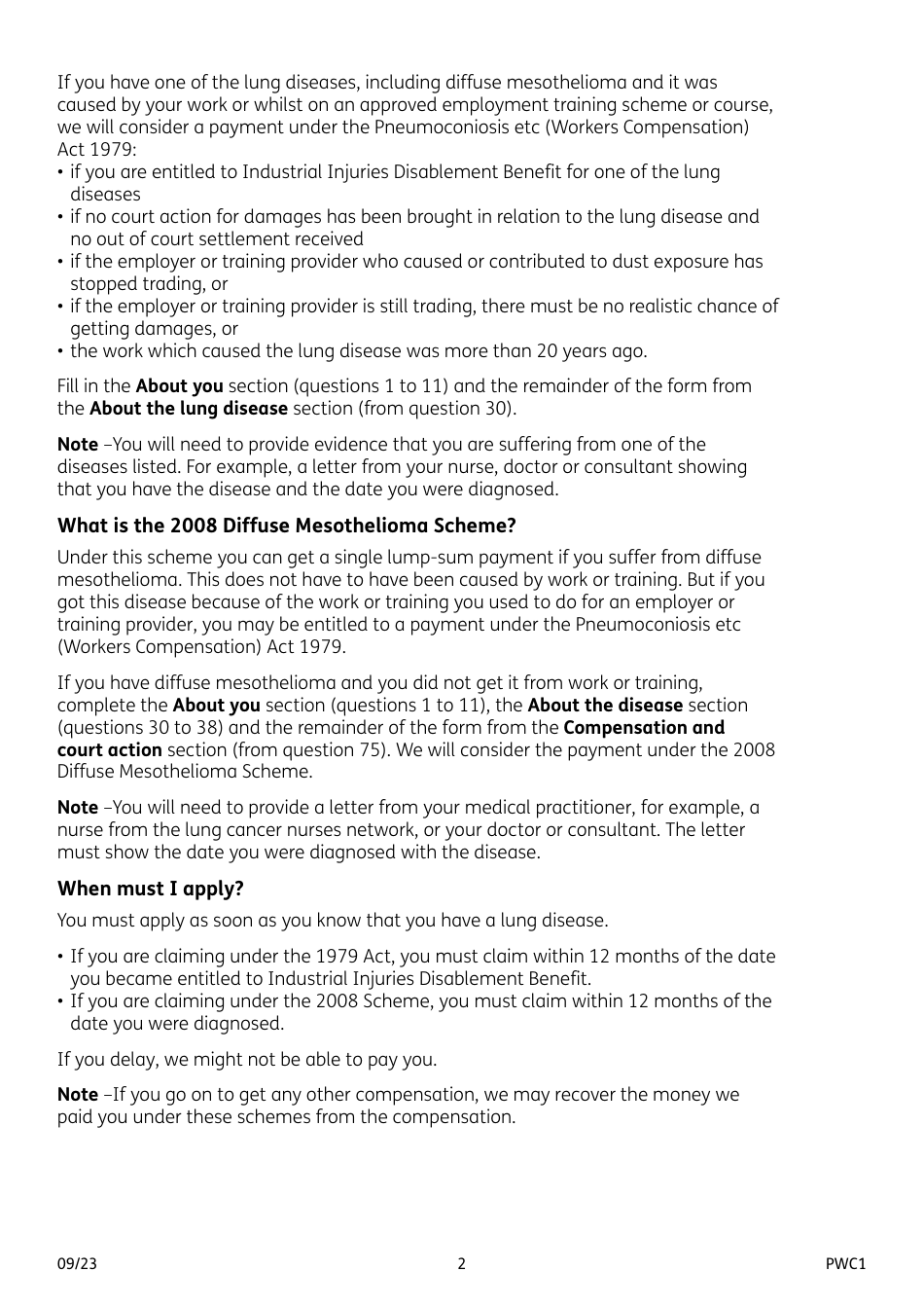 Form PWC1 Mesothelioma and Other Lung Diseases - United Kingdom, Page 2