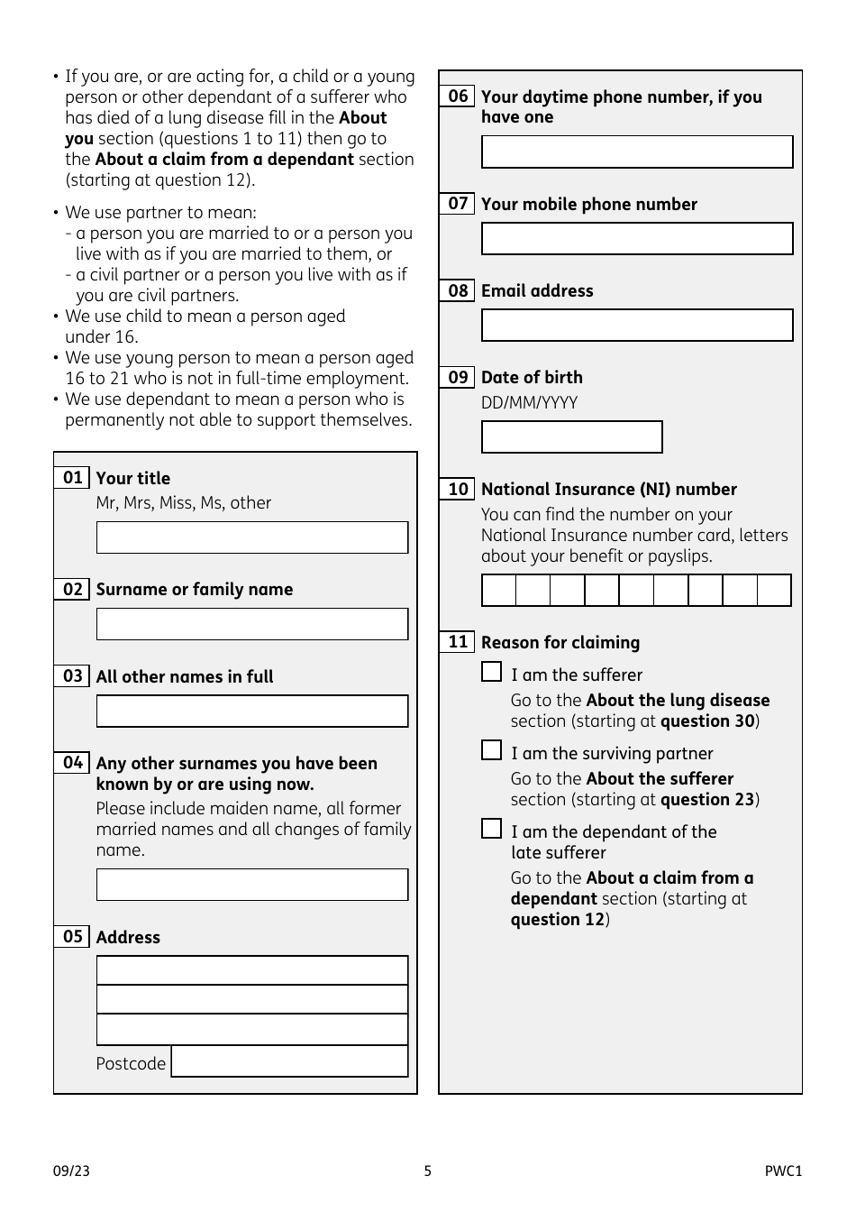 Form PWC1 Mesothelioma and Other Lung Diseases - United Kingdom, Page 5