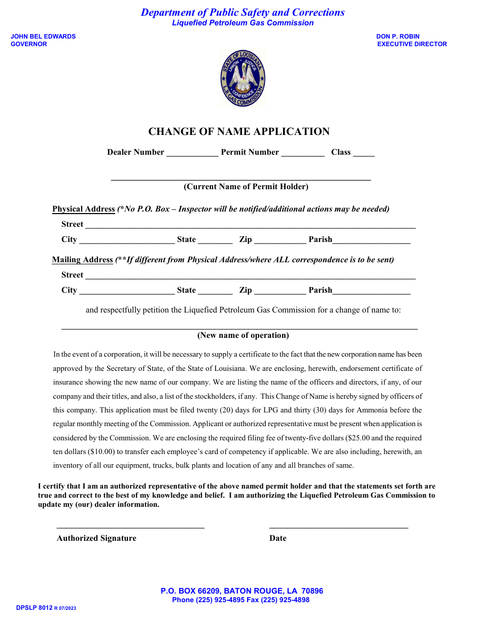 Form DPSLP8012 Change of Name Application - Louisiana, Page 1