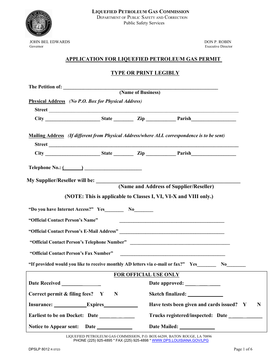 Form DPSLP8012 Application for Liquefied Petroleum Gas Permit - Louisiana, Page 1