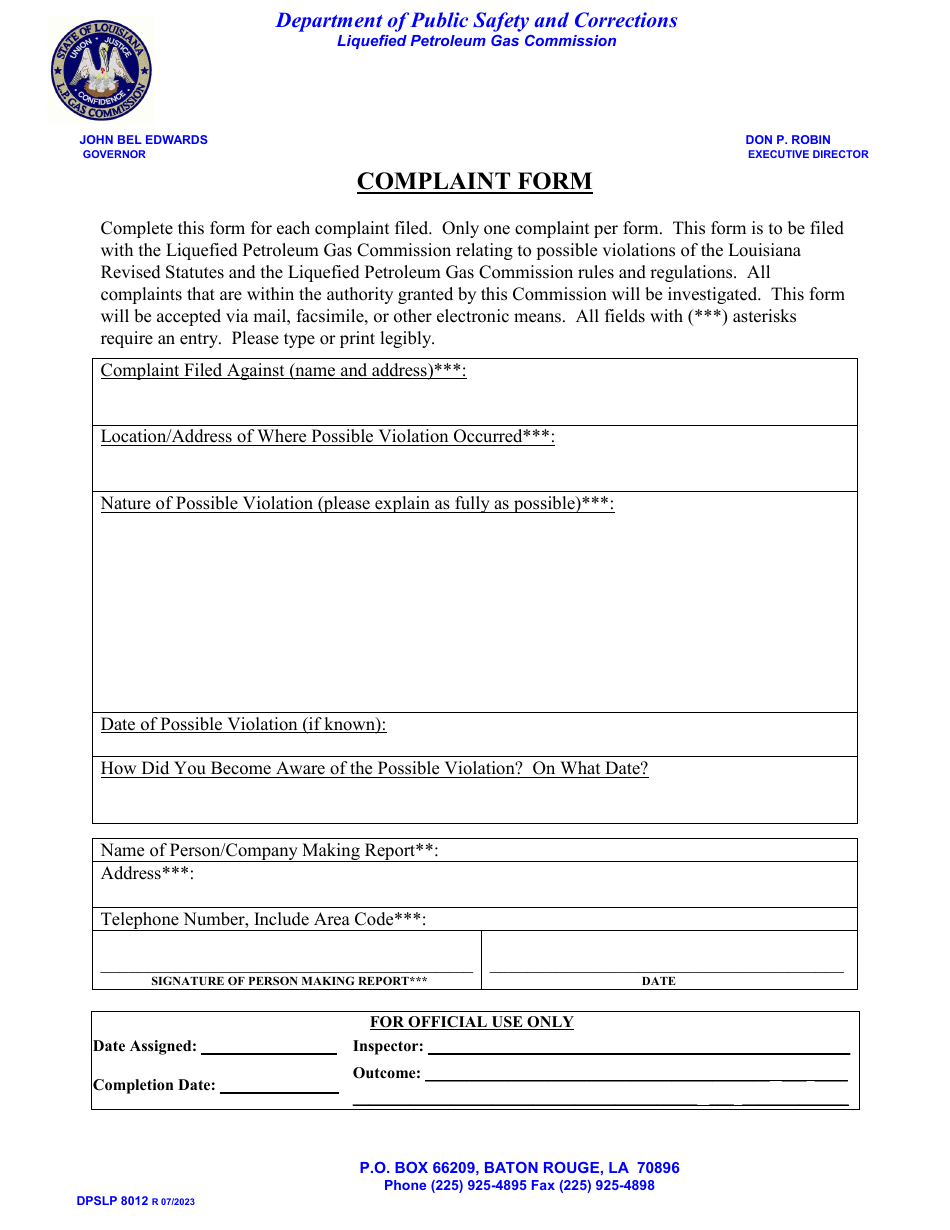 Form DPSLP8012 Complaint Form - Louisiana, Page 1