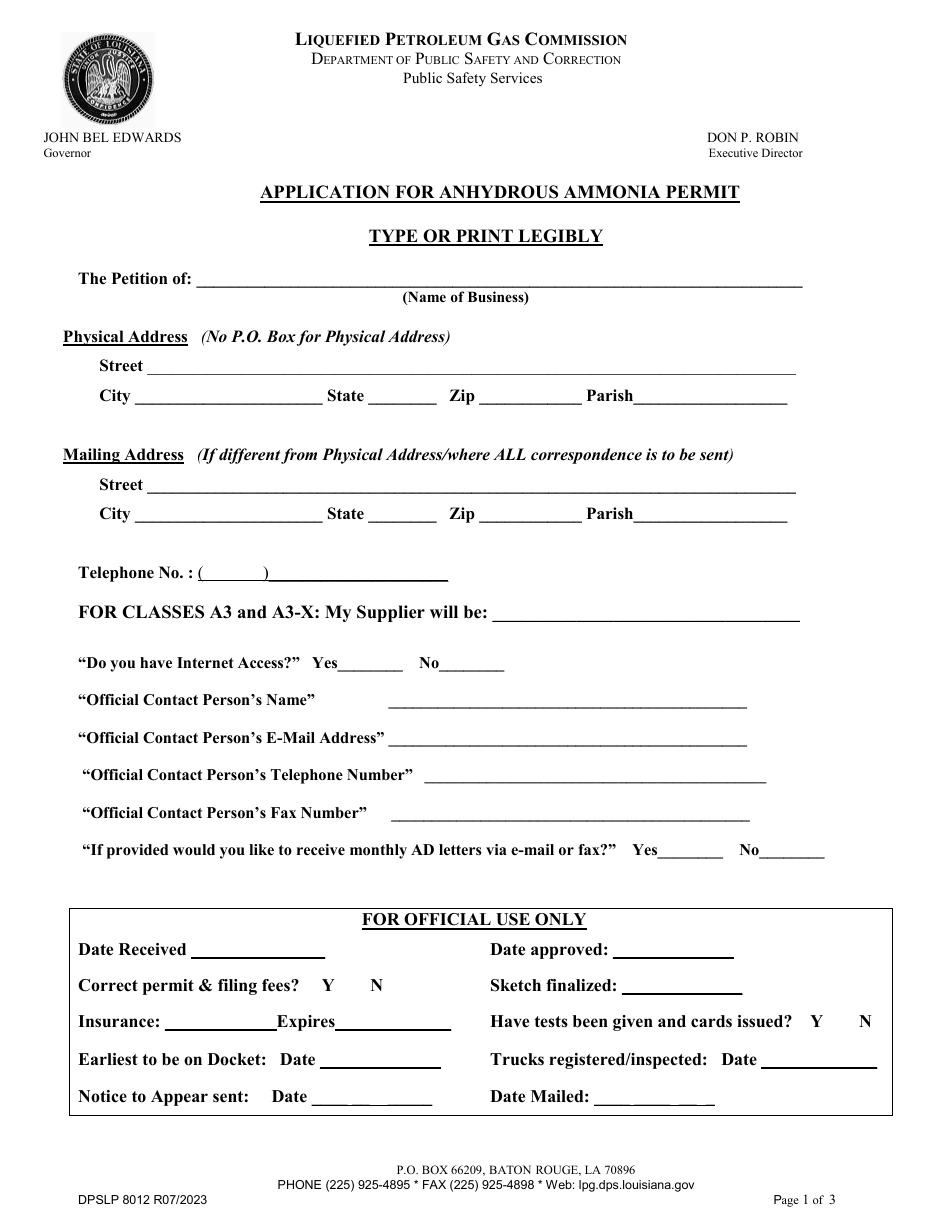 Form DPSLP8012 Application for Anhydrous Ammonia Permit - Louisiana, Page 1