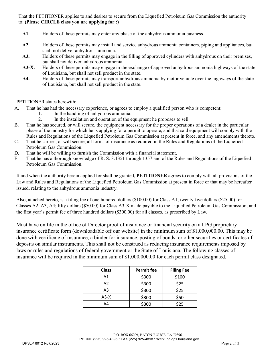 Form DPSLP8012 Application for Anhydrous Ammonia Permit - Louisiana, Page 2