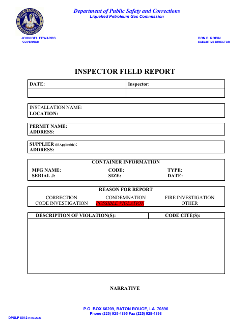 Form DPSLP8012 Inspector Field Report - Louisiana