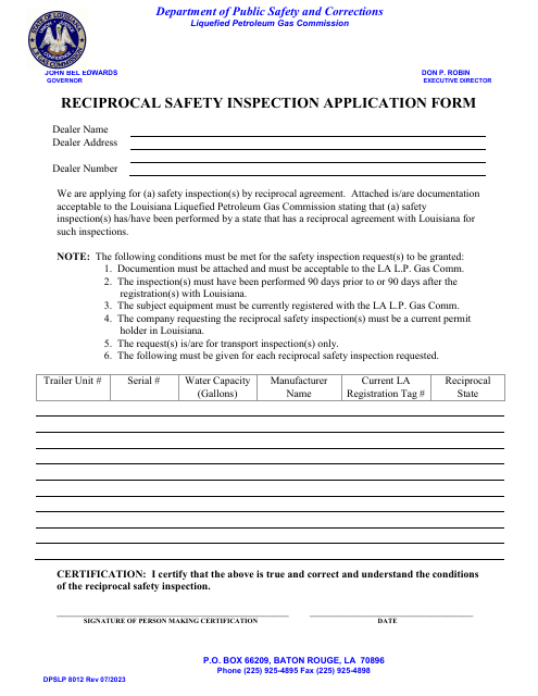 Form DPSLP8012 Reciprocal Safety Inspection Application Form - Louisiana