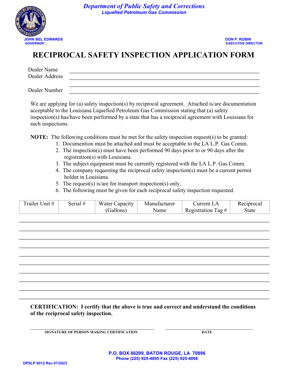 Form Dpslp8012 Download Printable Pdf Or Fill Online Reciprocal Safety 