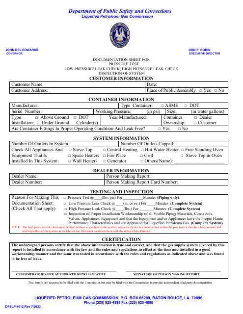 Form DPSLP8012 Documentation Sheet for Pressure Test Low Pressure Leak Check, High Pressure Leak Check Inspection of System - Louisiana