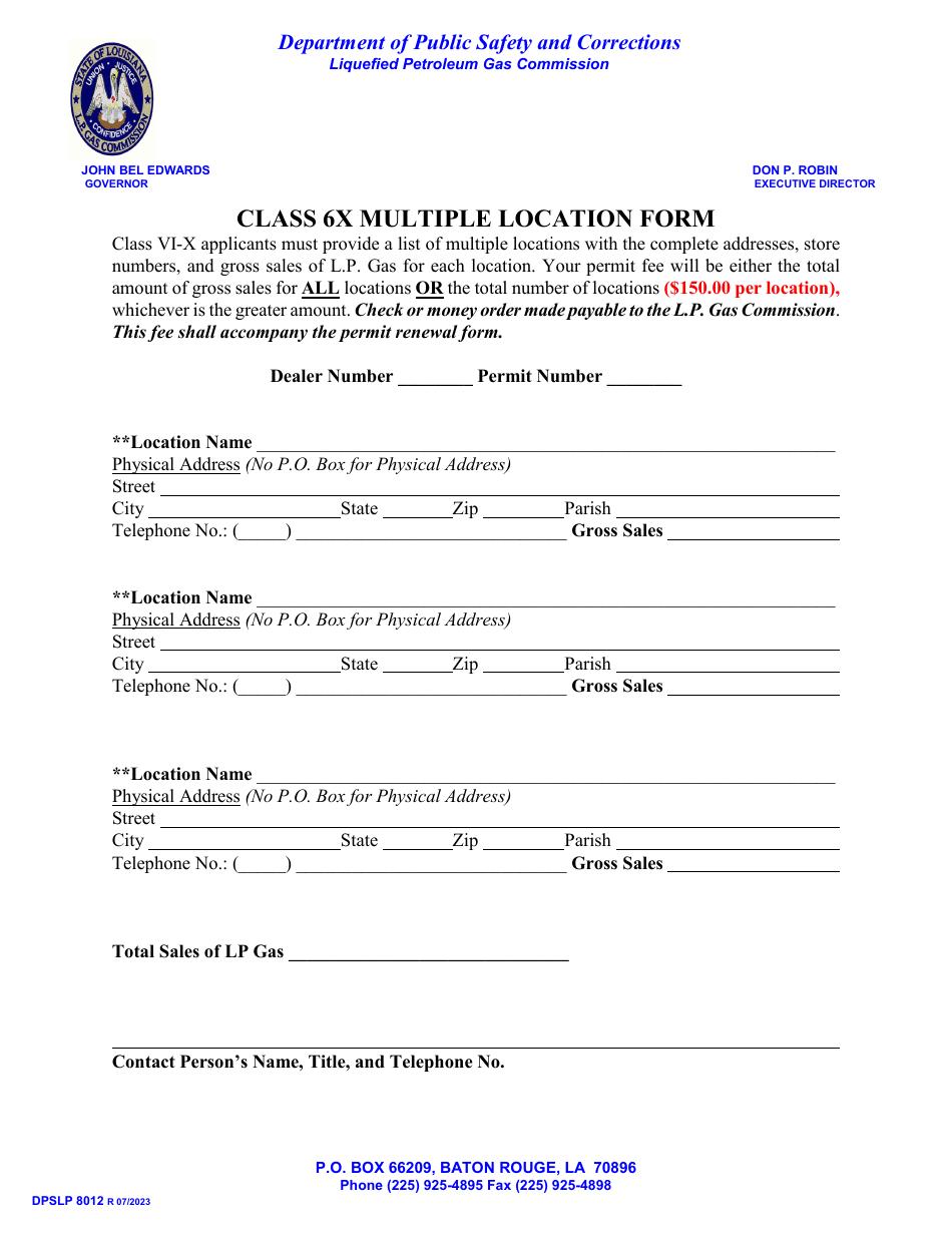 Form DPSLP8012 Class 6x Multiple Location Form - Louisiana, Page 1