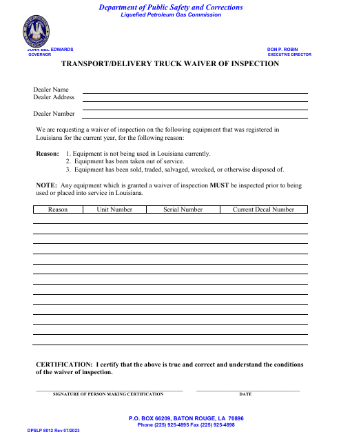 Form DPSLP8012 Transport/Delivery Truck Waiver of Inspection - Louisiana
