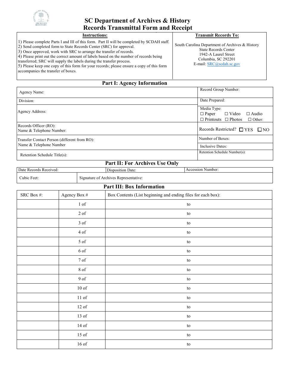 Records Transmittal Form and Receipt - South Carolina, Page 1