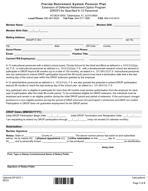 Form Optional DP-EXT-1 Extension of Deferred Retirement Option Program (Drop) for Specified K-12 Personnel - Florida