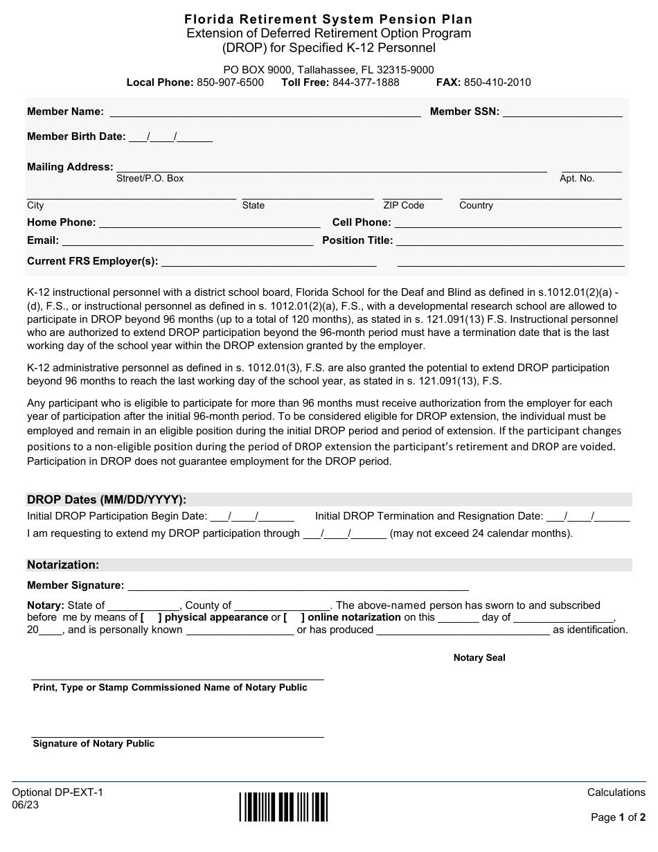 Form Optional DP-EXT-1 Extension of Deferred Retirement Option Program (Drop) for Specified K-12 Personnel - Florida, Page 1