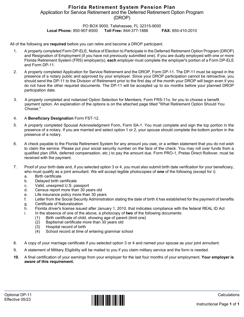 Form DP-11 Application for Service Retirement and the Deferred Retirement Option Program (Drop) - Florida, Page 1