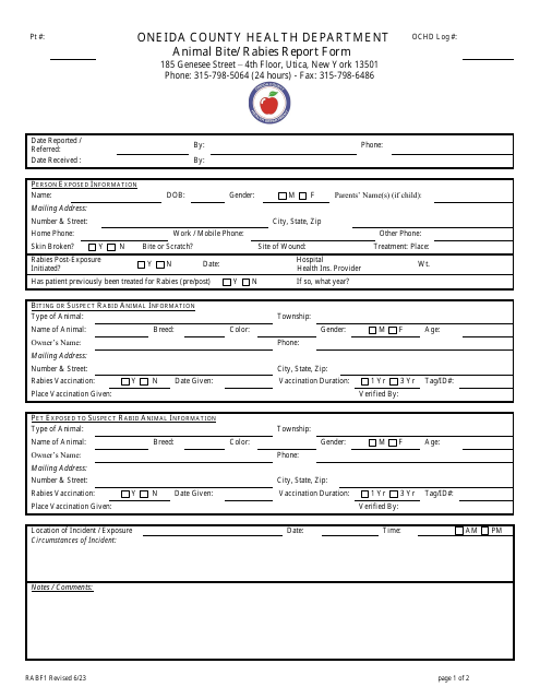 Form RABF1 Animal Bite/Rabies Report Form - Oneida County, New York