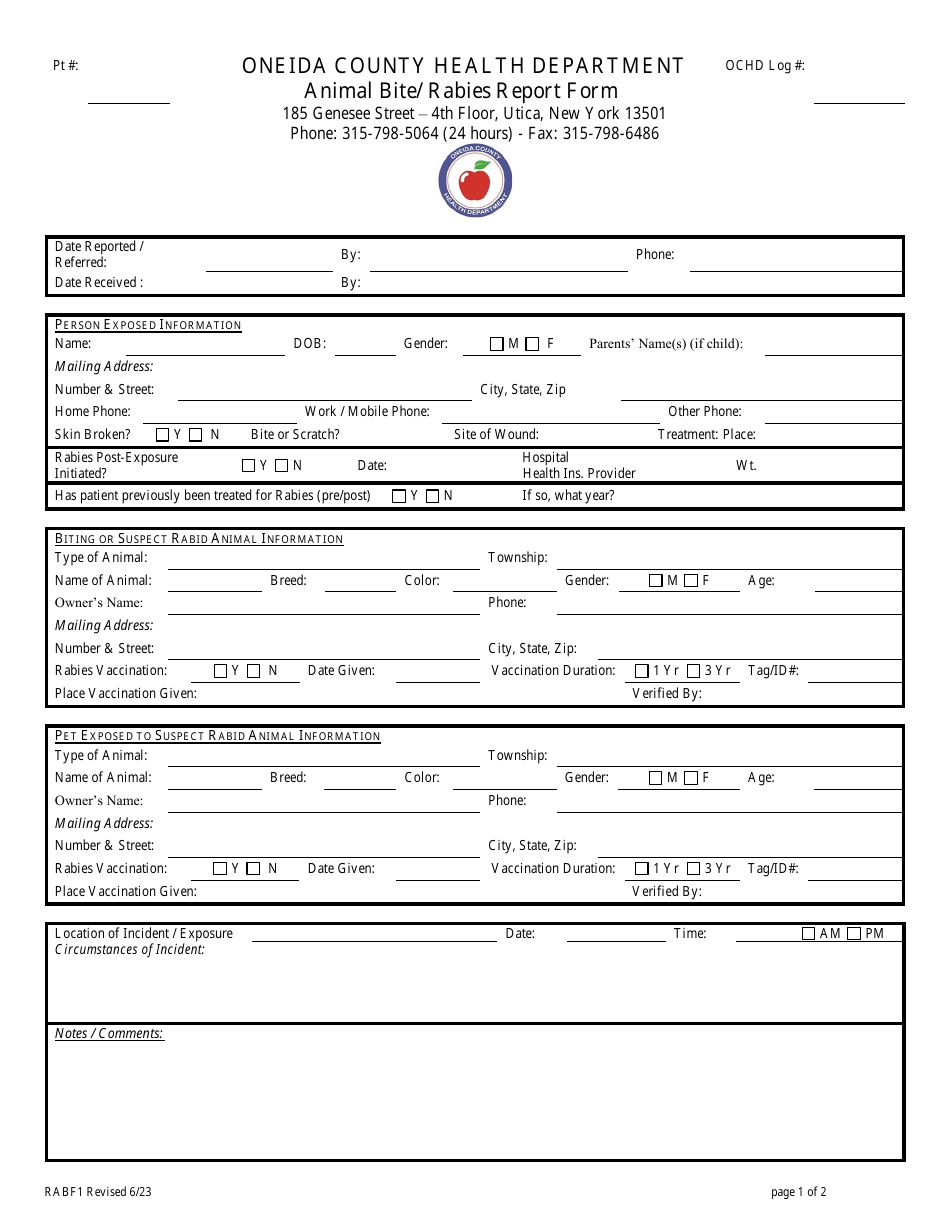 Form RABF1 Animal Bite / Rabies Report Form - Oneida County, New York, Page 1