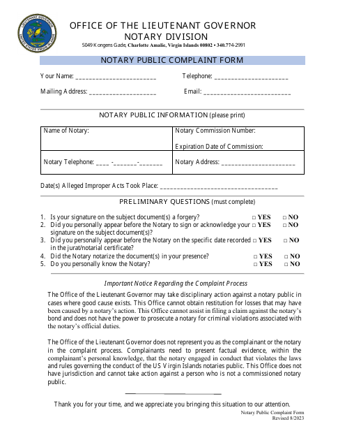 Notary Public Complaint Form - Virgin Islands