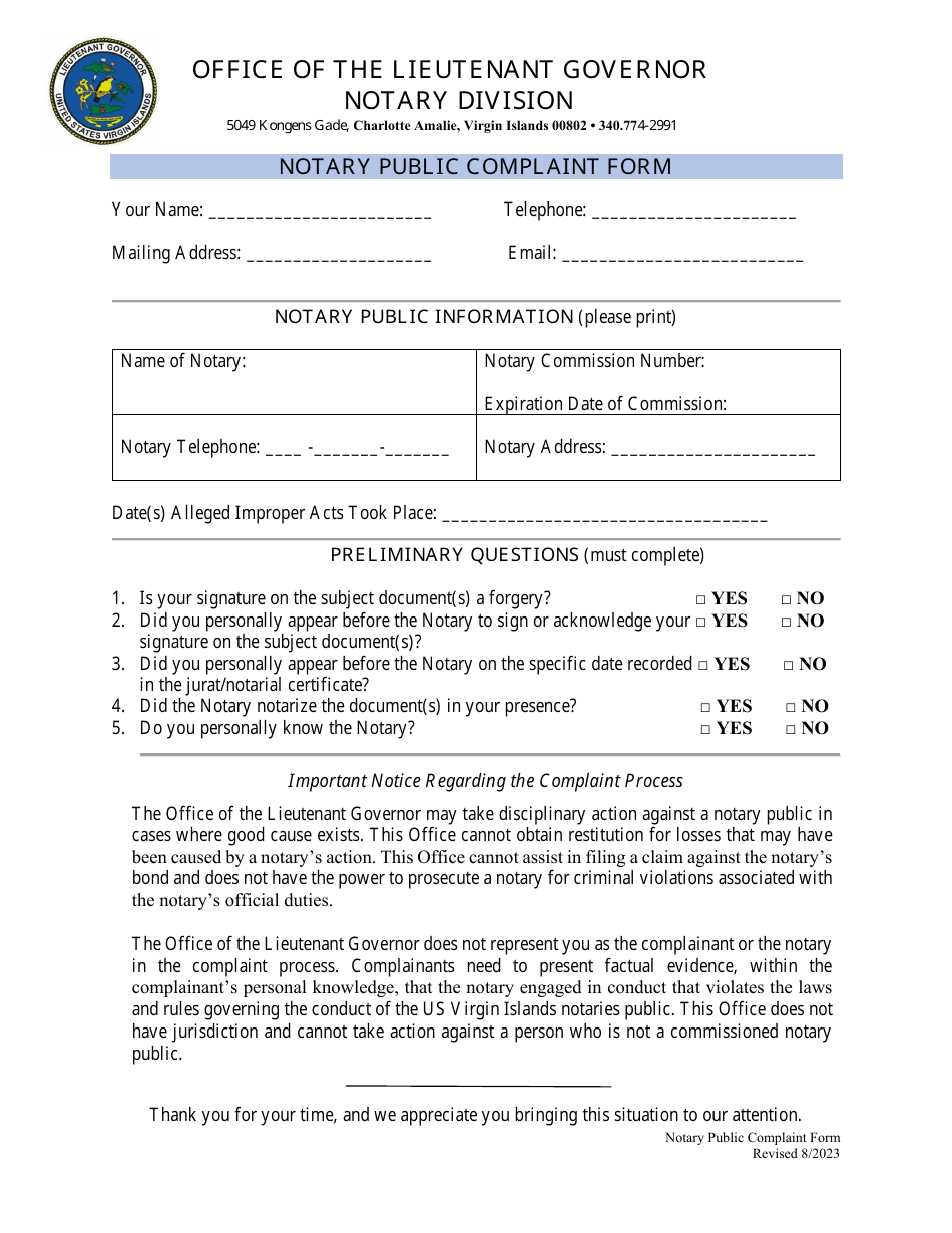Virgin Islands Notary Public Complaint Form Fill Out, Sign Online and