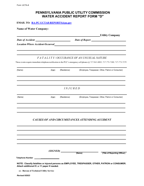 Form D (UCTA-8) Water Accident Report Form - Pennsylvania