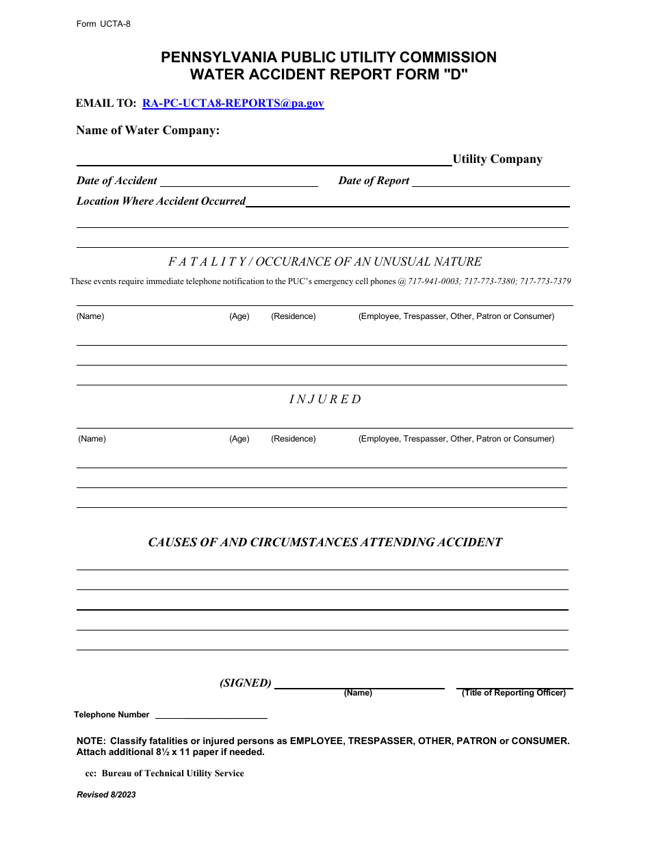 Form D (UCTA-8) Water Accident Report Form - Pennsylvania, Page 1