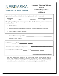 Document preview: Licensed Wrecker/Salvage Dealer Vehicle Disposition Affidavit - Nebraska