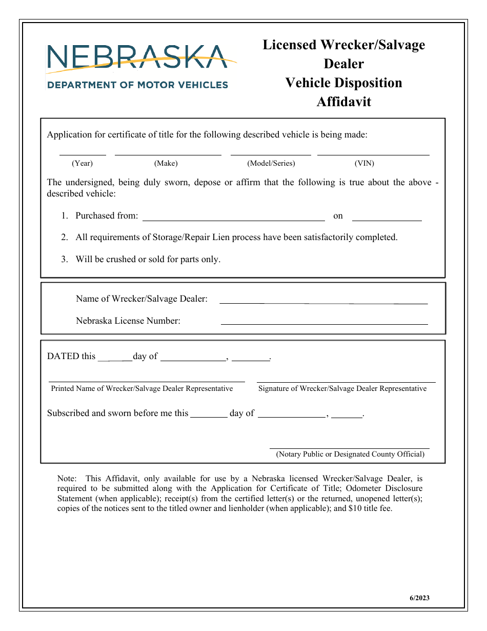 Licensed Wrecker / Salvage Dealer Vehicle Disposition Affidavit - Nebraska, Page 1