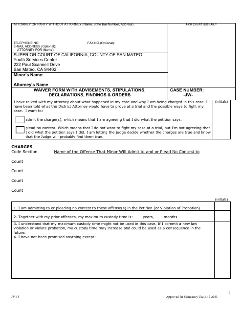 Form JV-13 Waiver Form With Advisements, Stipulations, Declarations, Findings & Orders - County of San Mateo, California