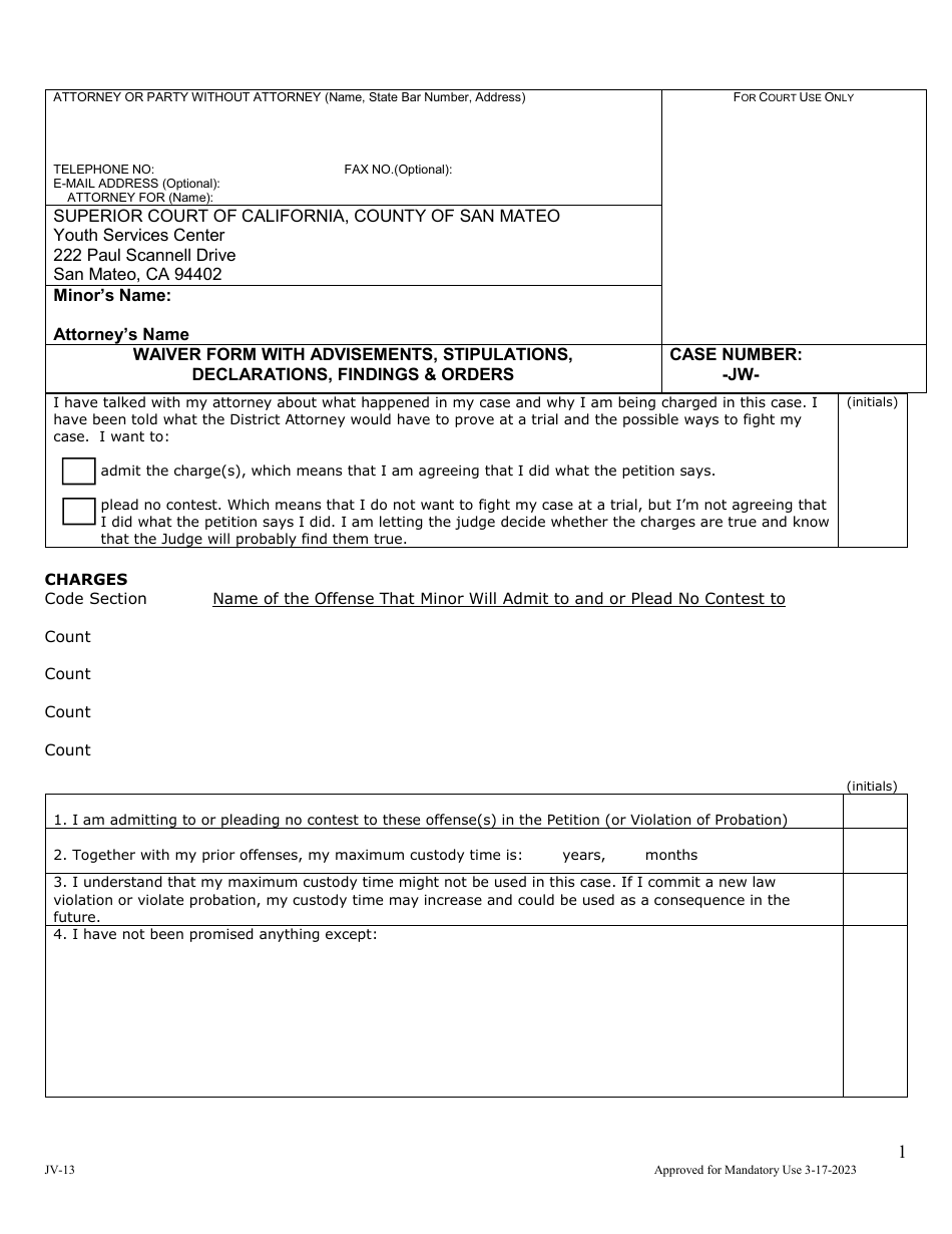 Form JV-13 Waiver Form With Advisements, Stipulations, Declarations, Findings  Orders - County of San Mateo, California, Page 1