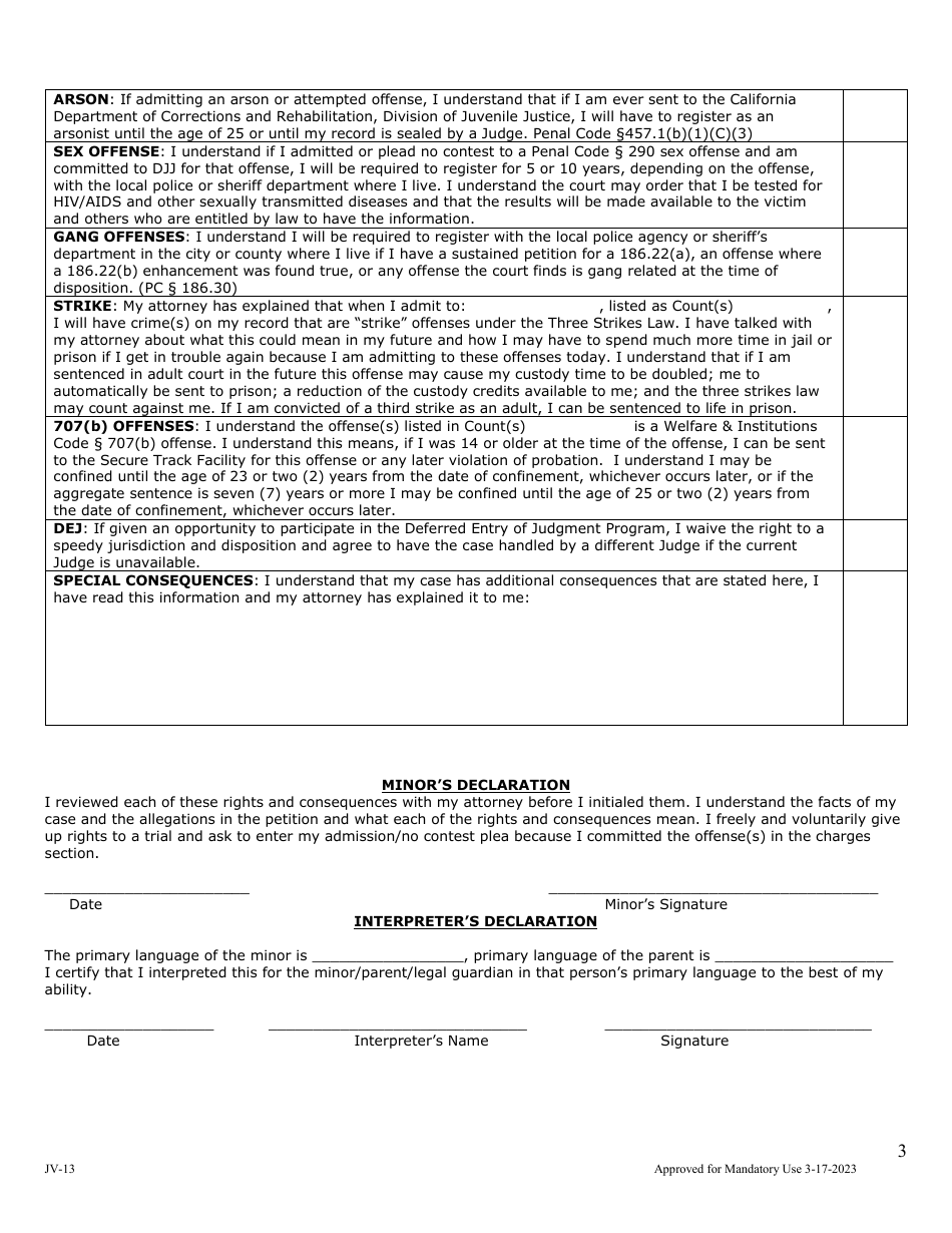 Form JV-13 Waiver Form With Advisements, Stipulations, Declarations, Findings  Orders - County of San Mateo, California, Page 3
