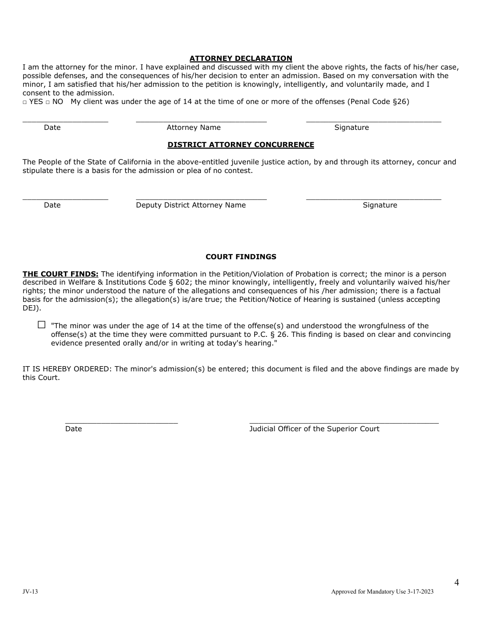 Form JV-13 Waiver Form With Advisements, Stipulations, Declarations, Findings  Orders - County of San Mateo, California, Page 4